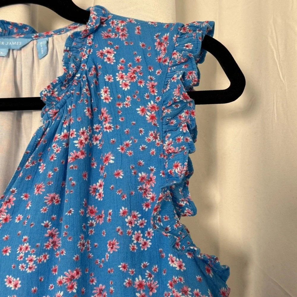 Draper James Lucinda Floral Dress Blue Pink Cotton Ruffle Hem V Neck Women’s L - Picture 8 of 13